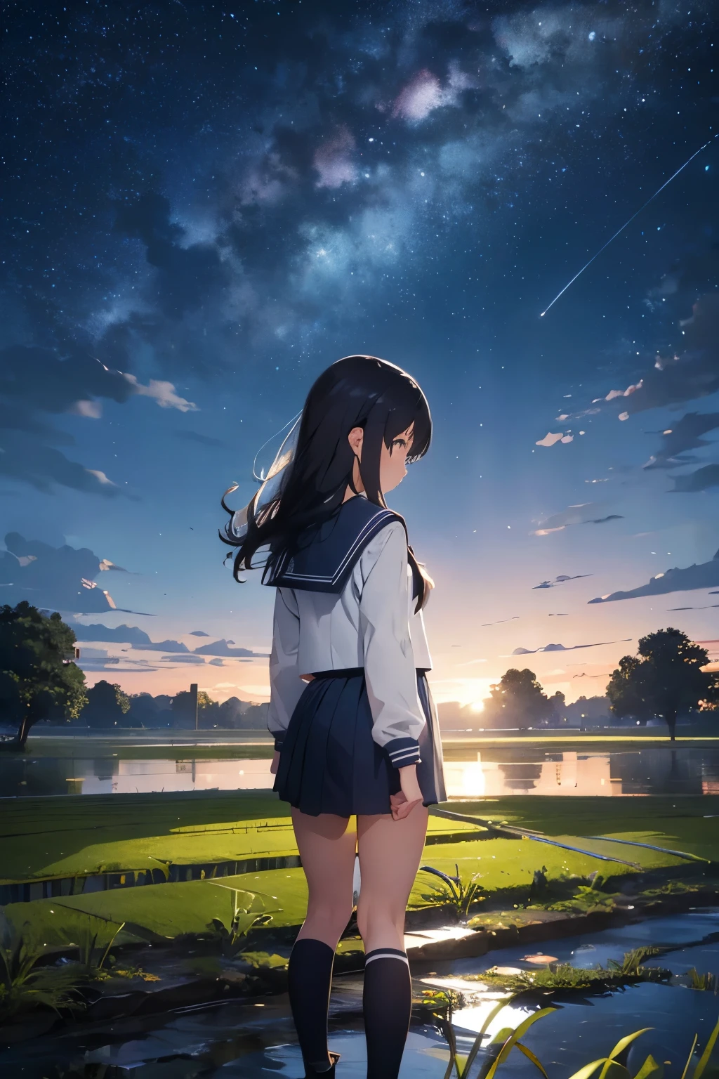 starry skieilky way、night、深night、Standing Girl、Back view、Sailor suit、uniform、Paddy field