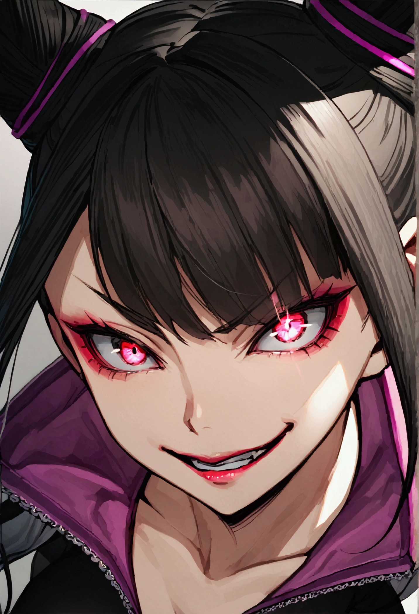 dark eye shadow,shining eyes,beautiful young fitness woman with , in a gym wearing May with black pantyhose, white and black gym jacket. standing alone,hair horns,red eyes glowing,Evil smile,legging preto ,labiaa,dark eye shadow,shining eyes,close up,hair with purple details evil smile