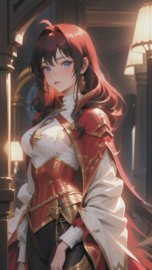 solo female knight, mansion, cape, long straight red hair, short, , , nervous, blue eyes, close up, princess, worn armor, sheathed sword