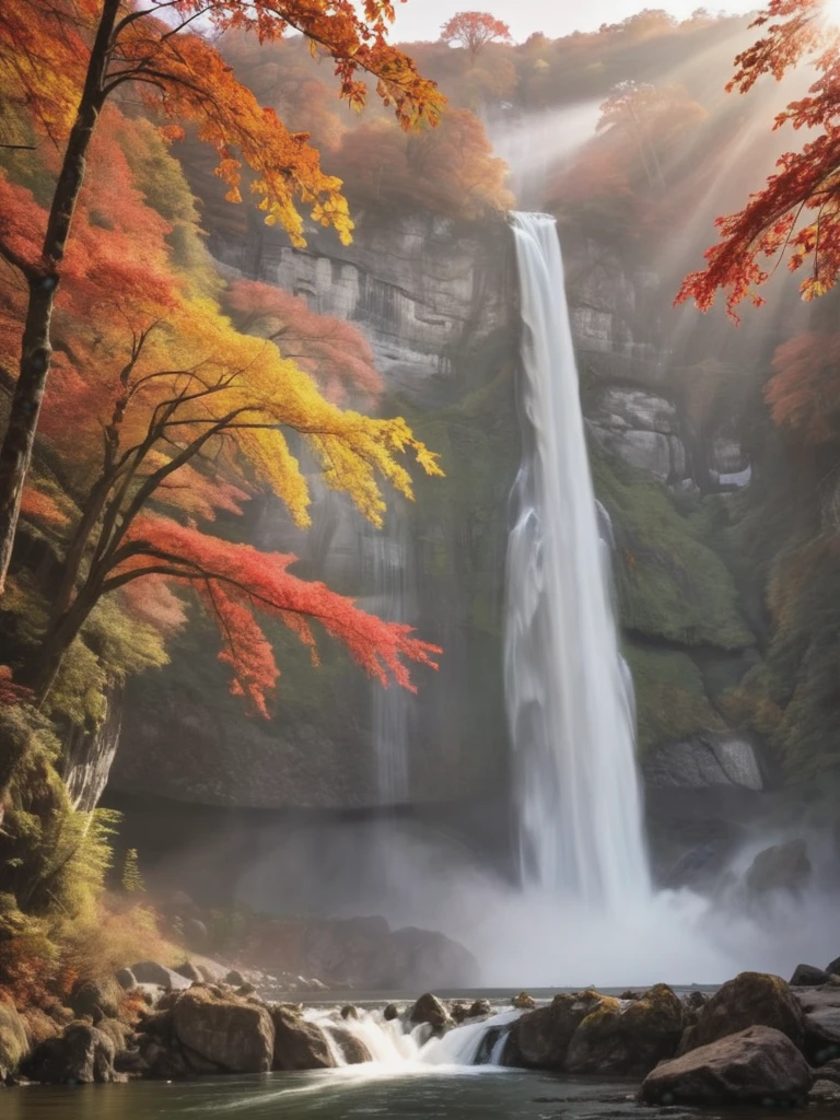 Please draw a picture of Kegon Falls in Tochigi Prefecture.。The scene has、Lush tree々The painting depicts a magnificent waterfall cascading down a cliff surrounded by。Mist rises from under the waterfall、It creates a magical and fantastic atmosphere。Falling water sparkling in the sunlight、And the autumn leaves add a splash of red and orange to the landscape.。There is an observation deck with a panoramic view of the falls,、Include details like a calm flowing river。The overall atmosphere is、Capturing the natural beauty and grandeur of Kegon Fallake it overwhelming and tranquil。」