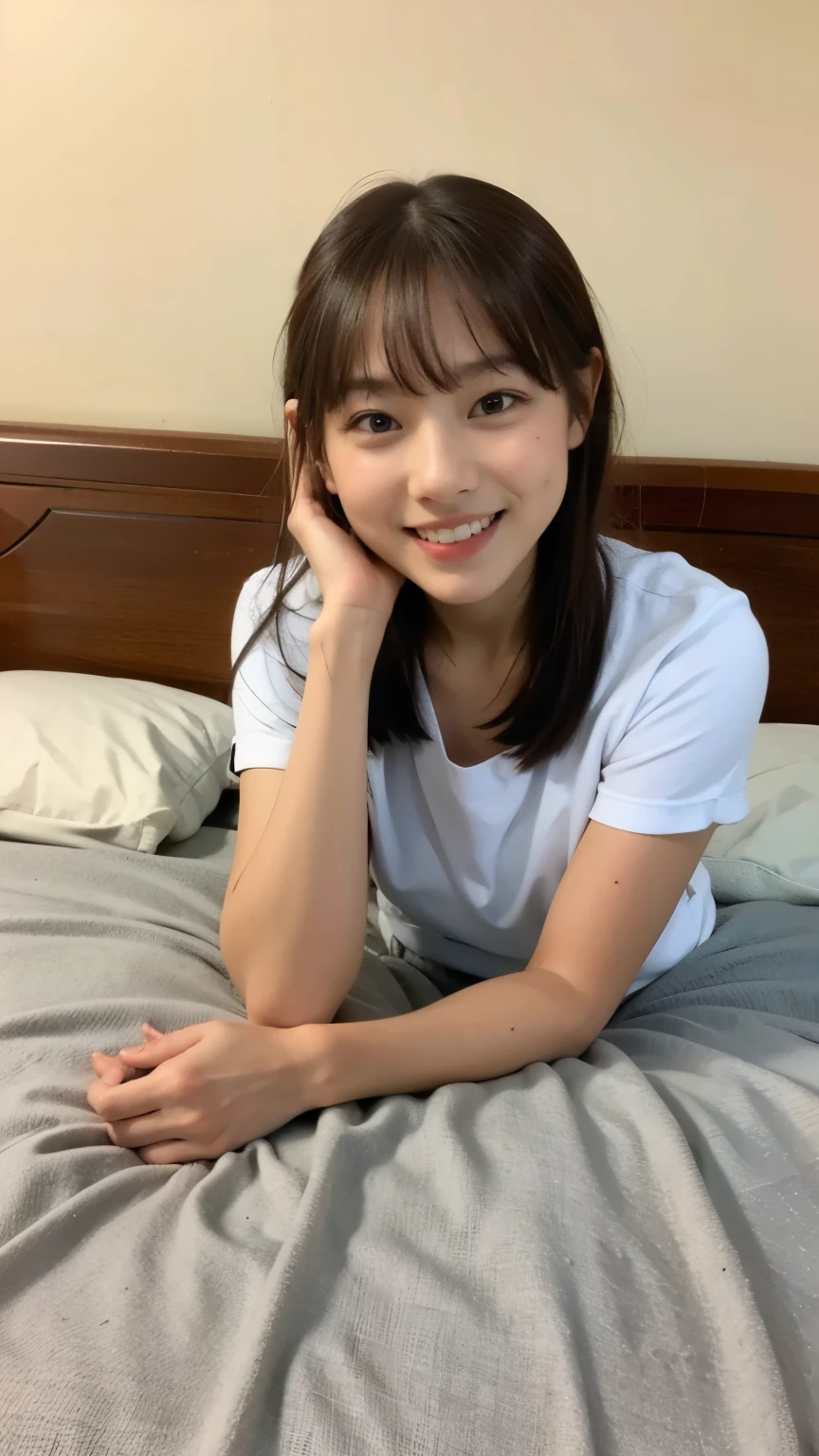 (8k、RAW Photos、Highest quality、masterpiece:1.2)、(Realistic、Realistic)、((Flat Chest、Are thin、Enlarge your face:1.2))、1 girl、((bangs、underwear、Bedroom、morning、 bed、smile、stand)、cute