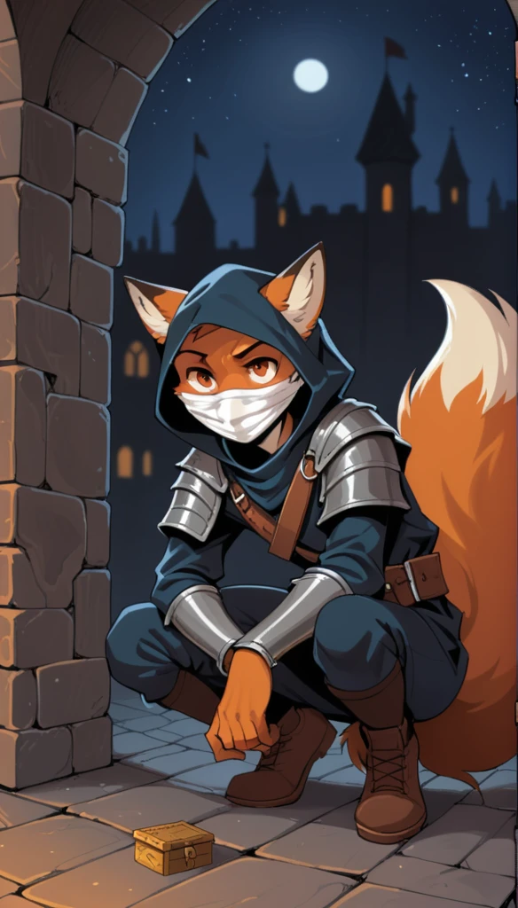 (1boy, male, solo, Red Fox), (athletics, calm face),
(Dungeons and Dragons, character, Thief), (crouch stance, Squatting, hiding),
(medieval Thief suit, pants, shoes, face wrap mask, medieval thief tools), (holding object, holding jewelry box),
night background,
(Top quality, masterpiece, high resolution, hi res, absurd res), (correct hands, detailed hands)