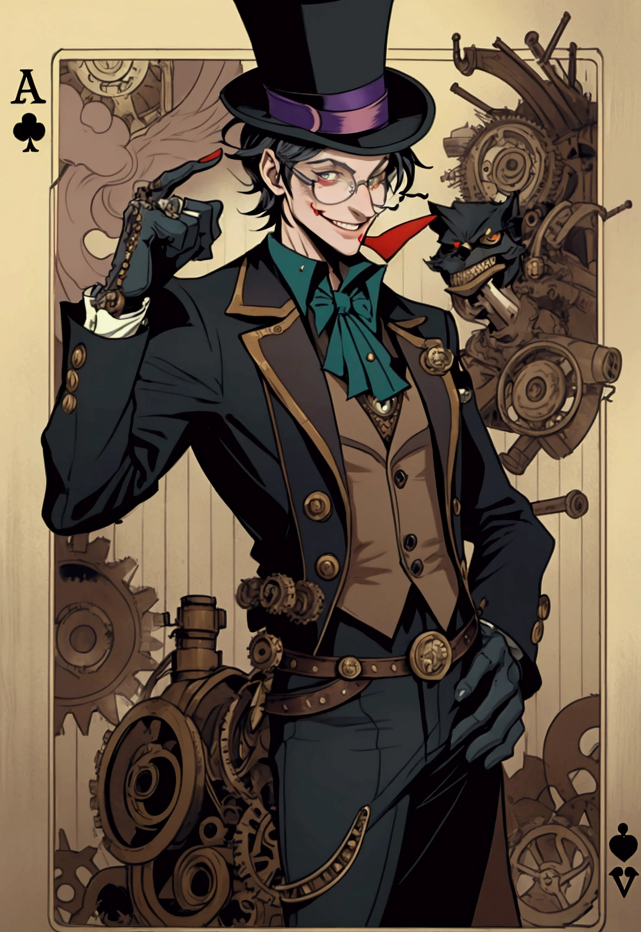 "Steam Punk Joker with a mischievous smile, Wear a top hat decorated with gear and glasses., Holding a deck of cards with mechanical hands, Surrounded by smoke and industrial background, With steam-powered engines and moving gears, Creates a feeling of mystery and intrigue.."