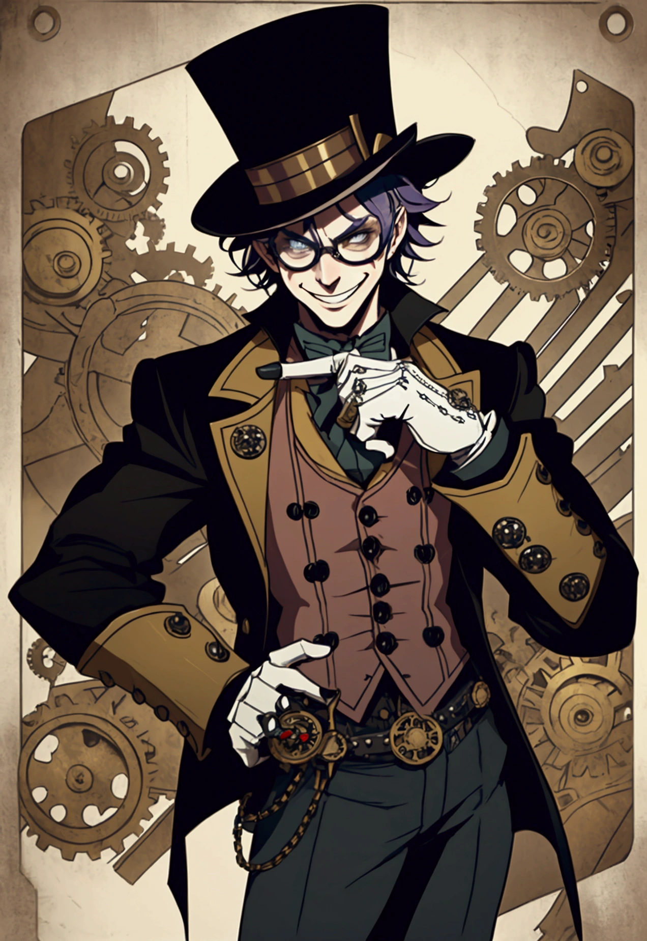 "Steam Punk Joker with a mischievous smile, Wear a top hat decorated with gear and glasses., Holding a deck of cards with mechanical hands, Surrounded by smoke and industrial background, With steam-powered engines and moving gears, Creates a feeling of mystery and intrigue.."