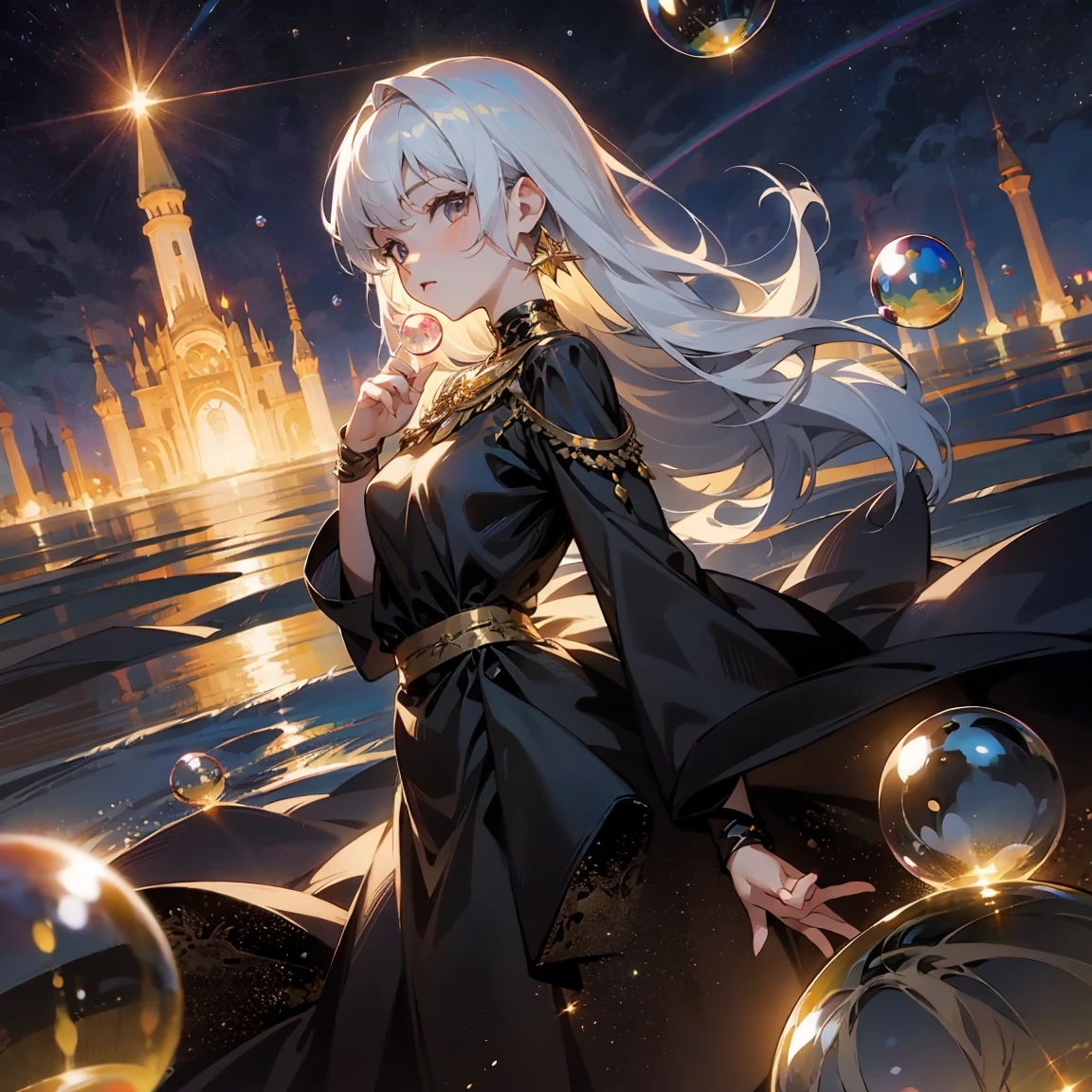 1 adult, masterpiece, best quality, woman, look at the viewer, ((she touching a bubble)), in the universe, with a black dress, golden details, ((looking pretty)), ((very confident)), white hair, silver eyes, long straight hair, many bubbles around, beautiful body, self-confident, powerful, epic, bubbles falling, conceptual art, goddess, divine light from heaven, ((different angles))