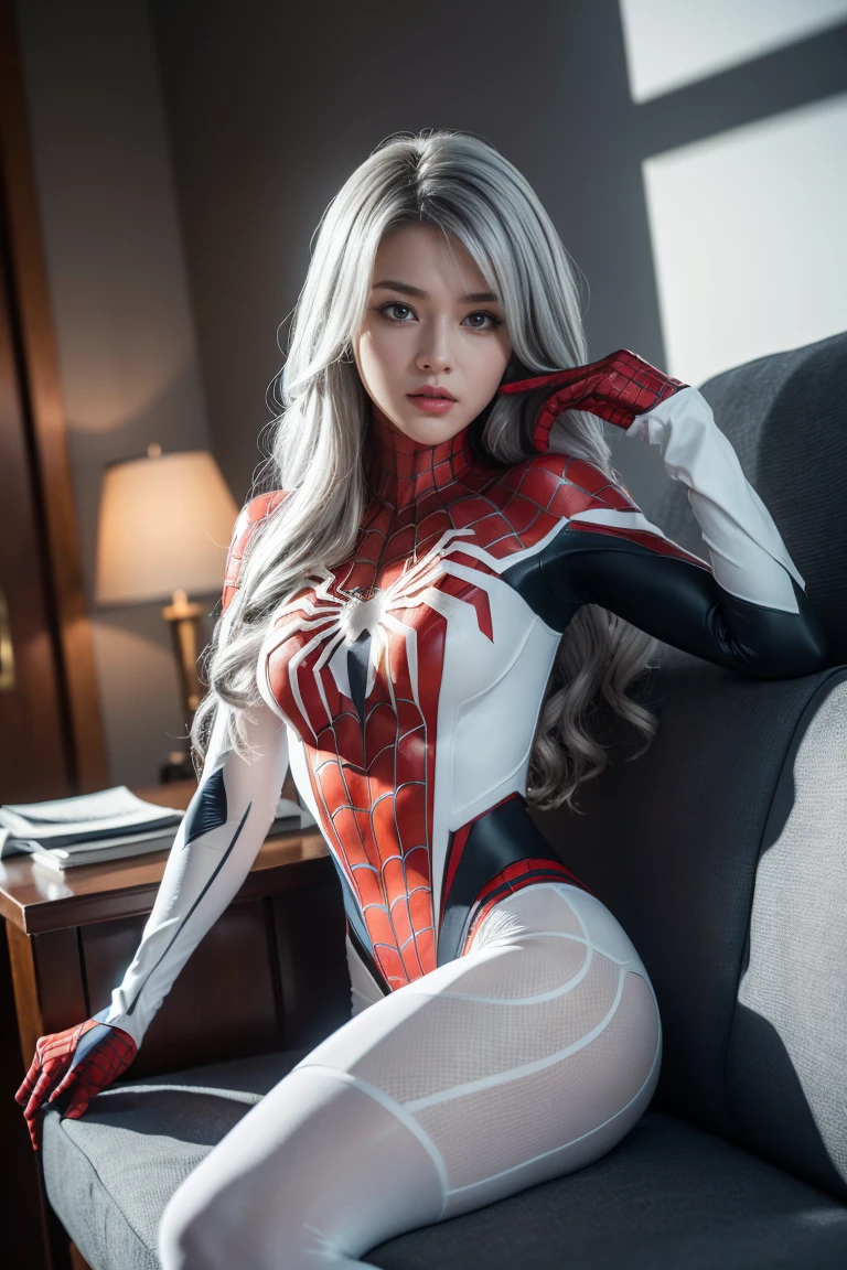 (Extreme Detail CG Unity 8K wallpaper, masterpiece, highest quality), (Exquisite lighting and shadow, highly dramatic picture, Cinematic lens effect), a girl in a white Spider-Man costume, silver gray hair color, from the Spider-Man parallel universe, Wenger, Marvel, Spider-Man, sitting on the couch, dynamic pose), (excellent detail, excellent lighting, wide angle), (excellent rendering, enough to stand out in its class), focus on white Spider-Man costumes, complex spider textures