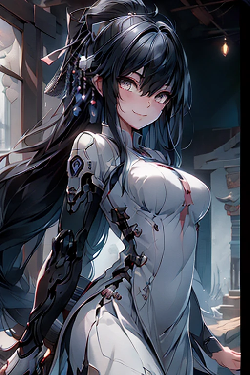 black hair, long hair, wince, long eyelashes, solid circle eyes, light smile, ear blush, fang, Surrealism, drop shadow, anaglyph, stereogram, tachi-e, pov, atmospheric perspective, 8k, super detail, accurate, best quality, Right hand grasping the hilt of a Single-edged iron sword, with the blade positioned upwards, only two pieces of armor, Armor Dress, index finger and thumb grasping the hilt, other three fingers relaxed, node