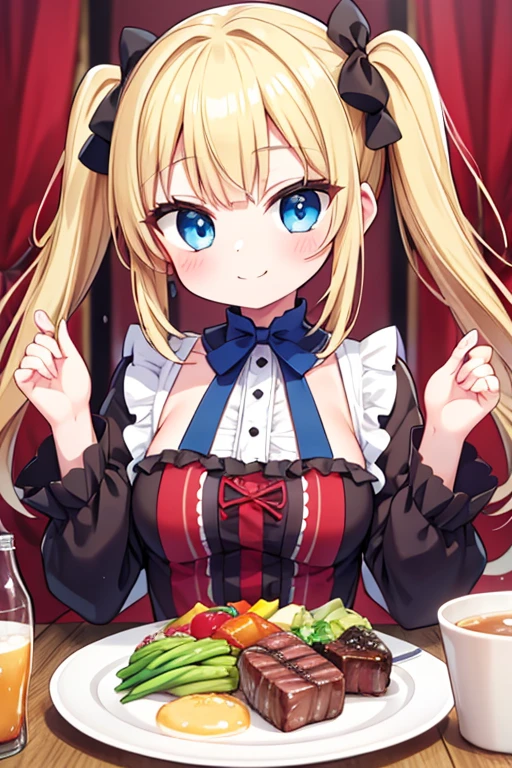 嬉しそうなsmile,Eat a multi-layered steak,big steak,Cola,Highest quality,Blonde with blue eyes、Lolita、Small breasts、Twin tails、girl&#39;enjoy,smile,bonnet,Japanese hashi,