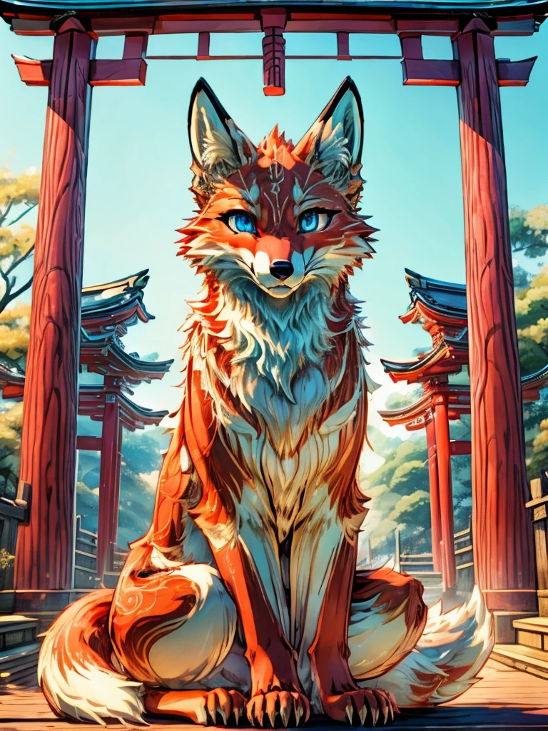 Japanese 9-tailed fox, add high definition_detagregate_detail:1, japanese shrine scenery add_detail:1, Whole body_detail, under a tori gate, super detailed pupils, beautiful eyes, bright pupils, jack-o position