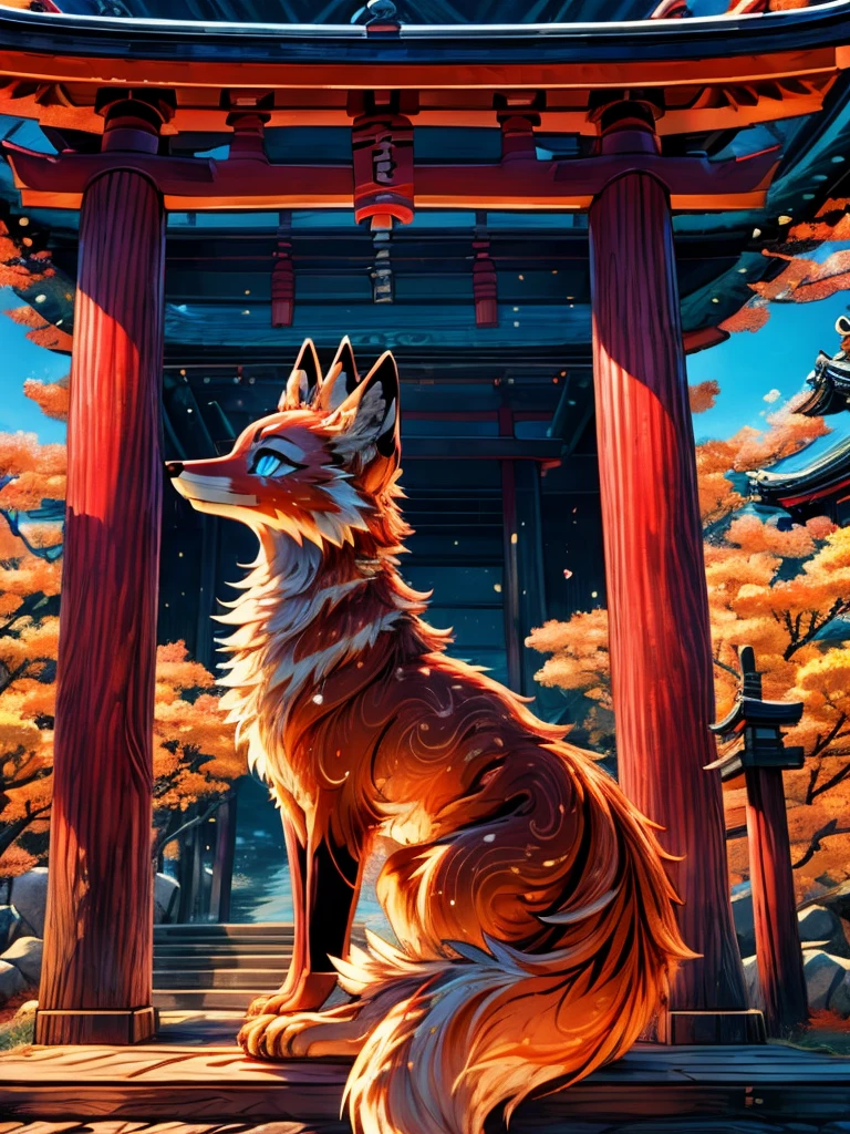 Japanese 9-tailed fox, add high definition_detagregate_detail:1, japanese shrine scenery add_detail:1, Whole body_detail, under a tori gate, super detailed pupils, beautiful eyes, bright pupils, jack-o position