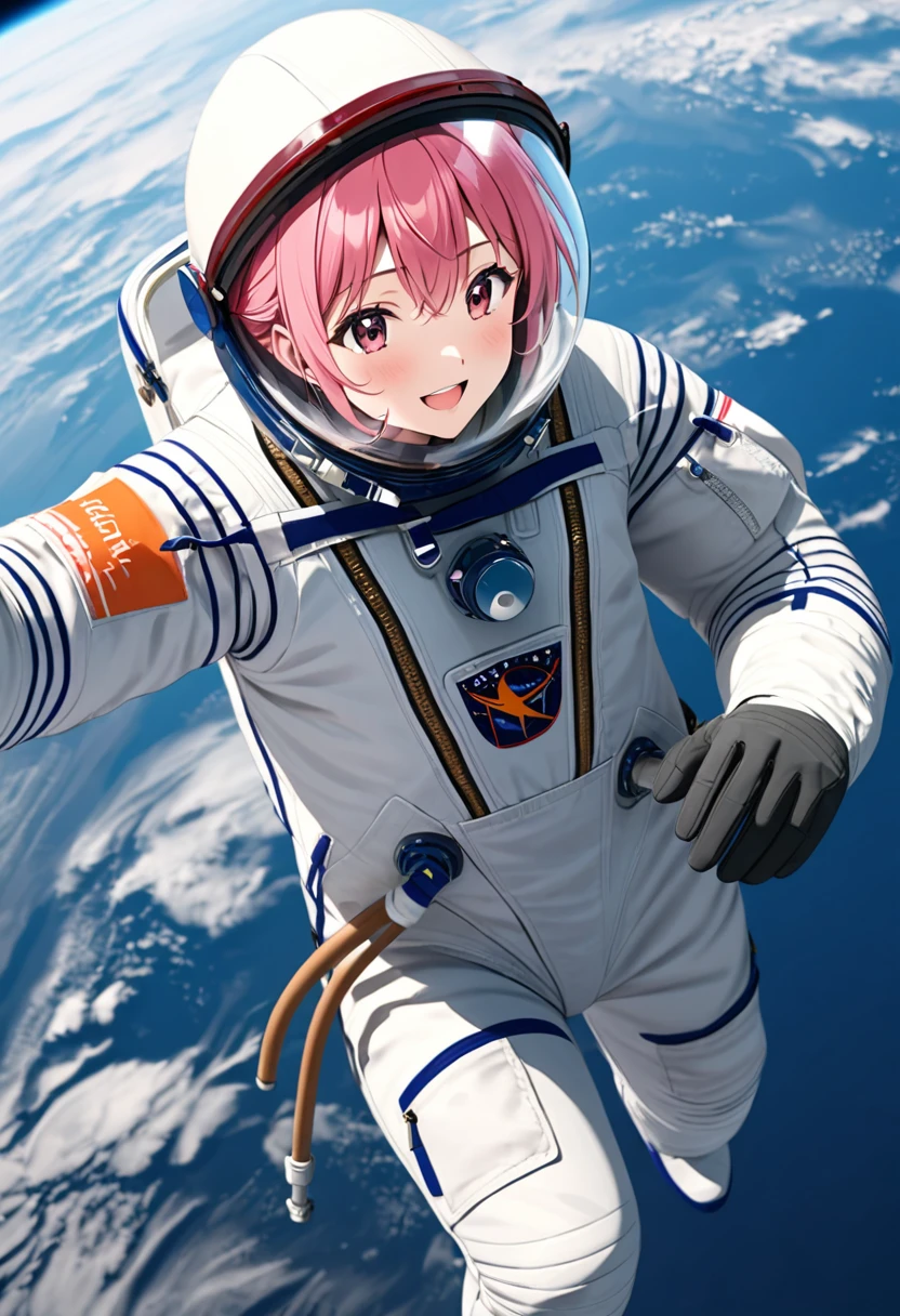 eva helm, spacesuit , astronaut), from above, pink hair, bubble helmet, space helmet,wearing a (spacesuit:1.15), white cargo pants, hovering, flying, moon surface, earth, floating pose, happy, smilebeautiful 8k wallpaper, highly advanced, (sleek design:1.3), intricate, highres, superb, 8k wallpaper, extremely detailed, intricate
