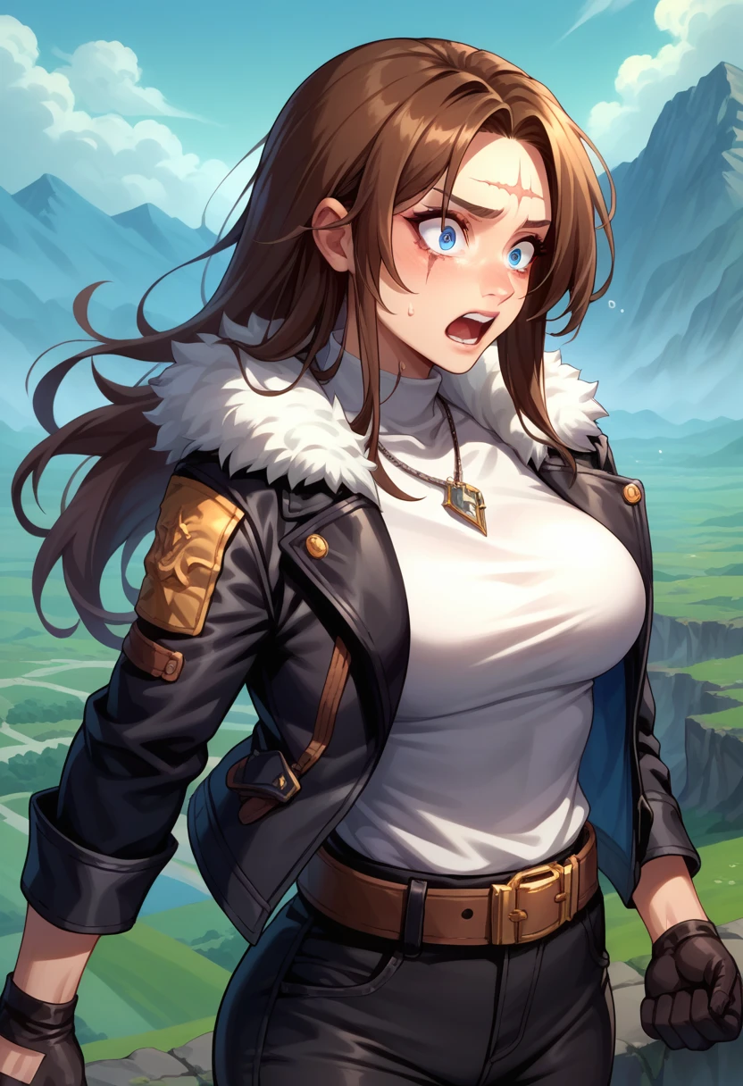 score_9, score_8_up, score_7_up, 1girl, solo, (female:1.5),female focus, female body, squall, necklace, brown hair, long hair, gloves, white shirt, blue eyes, shirt, black gloves, jacket, black jacket, fur trim jacket, black pants, belt,breasts, scar, diagonal scar, scar on face, parted bangs, sweating, shaking, shocked face, scared, screaming, stiff hands, standing, looking down, landscape,
