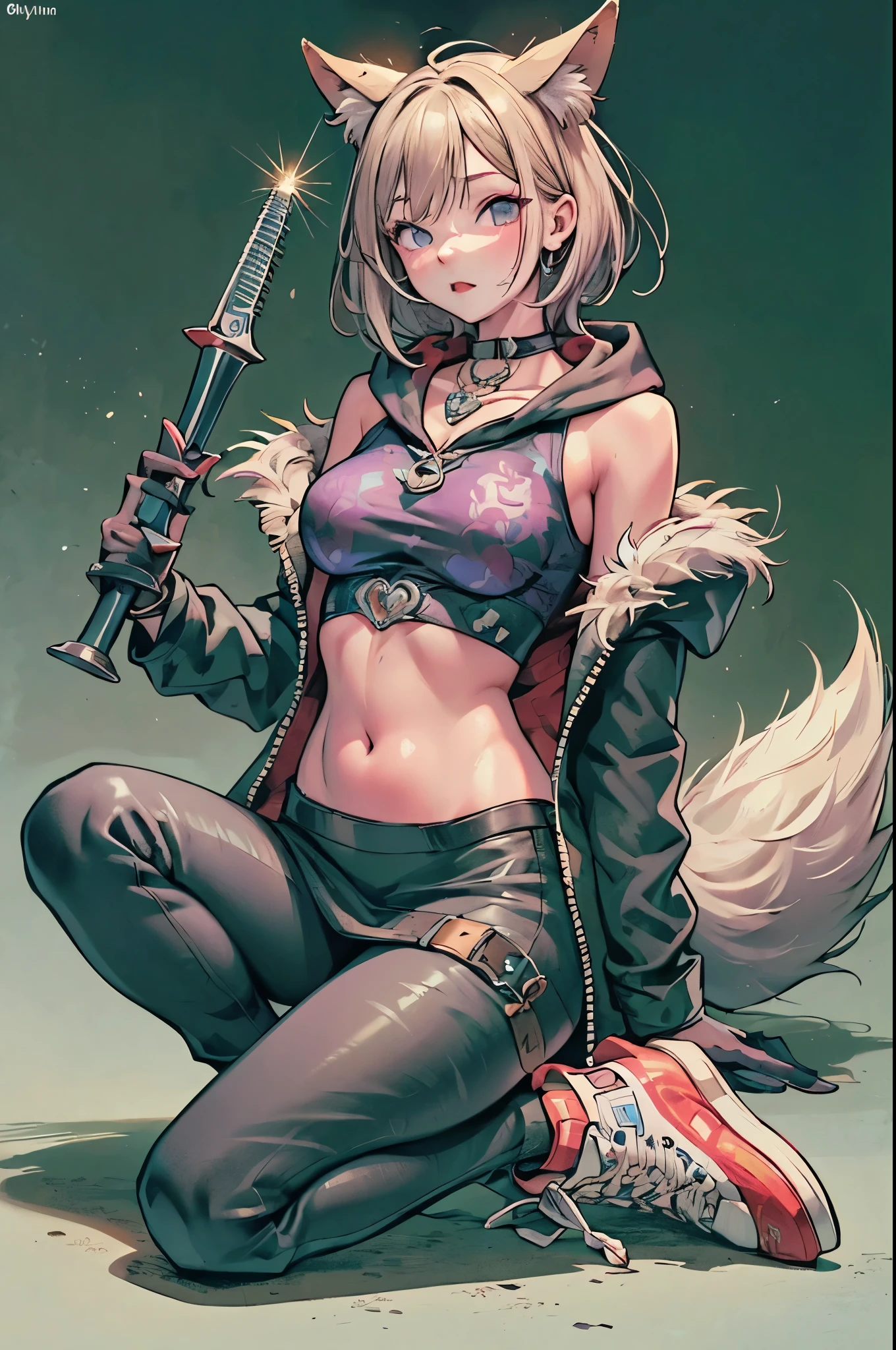 Oh, league of legend, sexy for, wallpapers, detailed eyes, fox ear, (fox tails), a skirt, (long pink fur), medium breasts, Looking at_Shown in_Looking atl espectador, short_hair, gloves, belly button, fail, blue_there are eyes, Eternal, full_body, weapon, Footwear, necklaces, negro_gloves, pulp, hooded, hair_overcome_Yoon_there are eyes, Cultivator_above, hoodie, negro_pants, sneakers, Cut_jacket, cyber punk character, Cut_hoodie