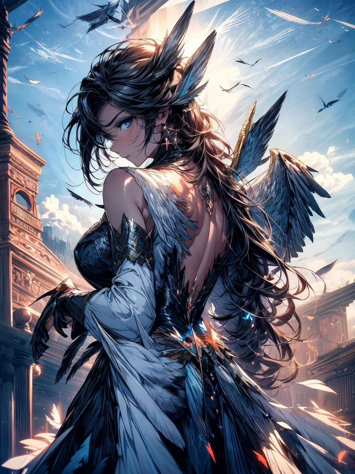 ((seductive lady:1.3, Alone:1.2))、((harpy lady:1.6))、((Winged on the back:2))、((arms behind head:1.5))、((feathers:1.2))、((dynamic angle:1.5))、((rising in the sky:2))、((blue sky background:1.5))、((Whole body))、looking at the viewer、((under the chest:1.3))、((Glossy realistic skin texture))、((shiny skin))、((meticulously drawn hands:1.2))、perfect anatomy、masterpiece, ultra detailed, 8k, high quality, Superior image quality, Smooth texture、watercolor