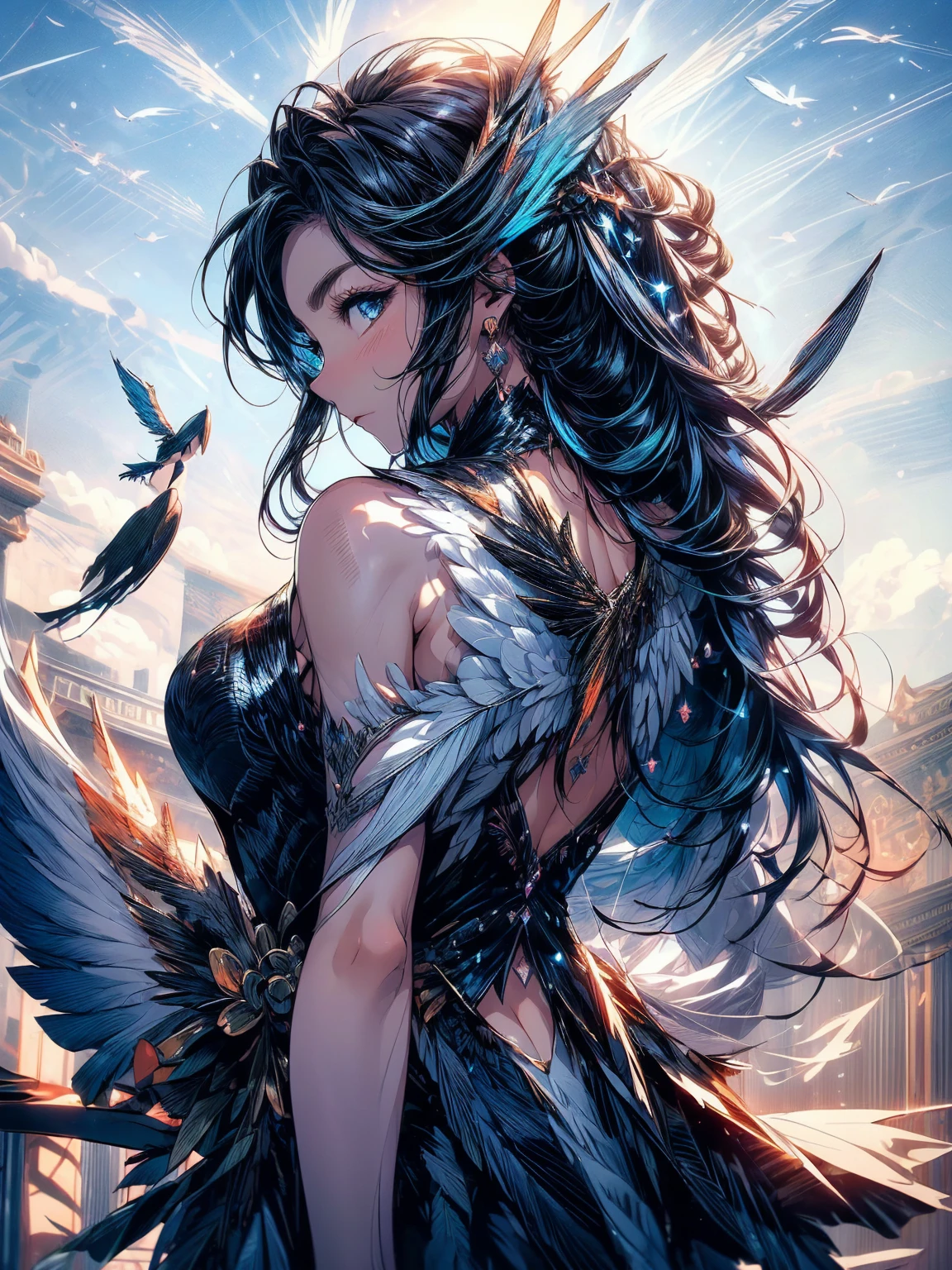 ((seductive lady:1.3, Alone:1.2))、((harpy lady:1.6))、((Winged on the back:2))、((arms behind head:1.5))、((feathers:1.2))、((dynamic angle:1.5))、((rising in the sky:2))、((blue sky background:1.5))、((Whole body))、looking at the viewer、((under the chest:1.3))、((Glossy realistic skin texture))、((shiny skin))、((meticulously drawn hands:1.2))、perfect anatomy、masterpiece, ultra detailed, 8k, high quality, Superior image quality, Smooth texture、watercolor