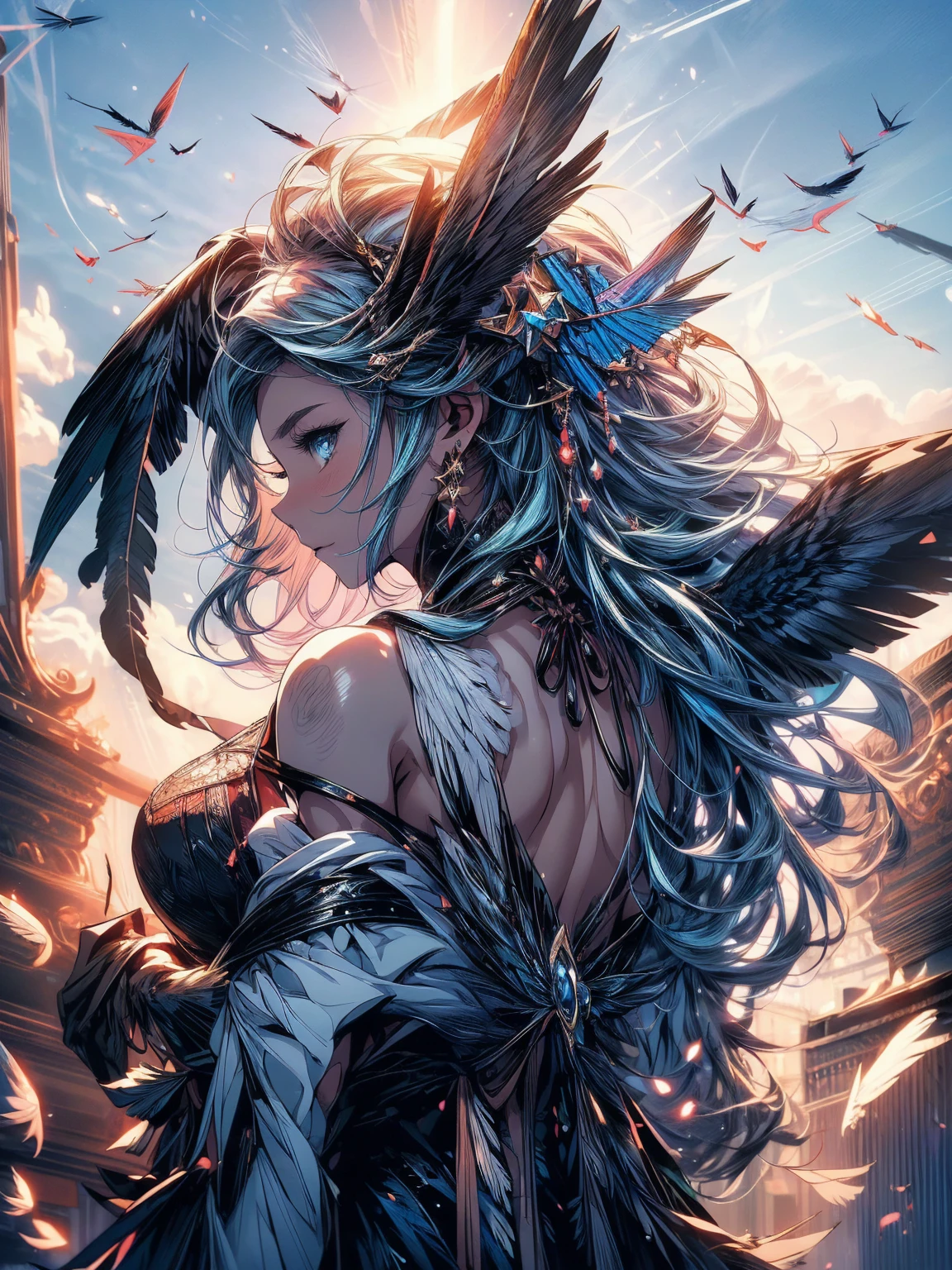 ((seductive lady:1.3, Alone:1.2))、((harpy lady:1.6))、((Winged on the back:2))、((arms behind head:1.5))、((feathers:1.2))、((dynamic angle:1.5))、((rising in the sky:2))、((blue sky background:1.5))、((Whole body))、looking at the viewer、((under the chest:1.3))、((Glossy realistic skin texture))、((shiny skin))、((meticulously drawn hands:1.2))、perfect anatomy、masterpiece, ultra detailed, 8k, high quality, Superior image quality, Smooth texture、watercolor