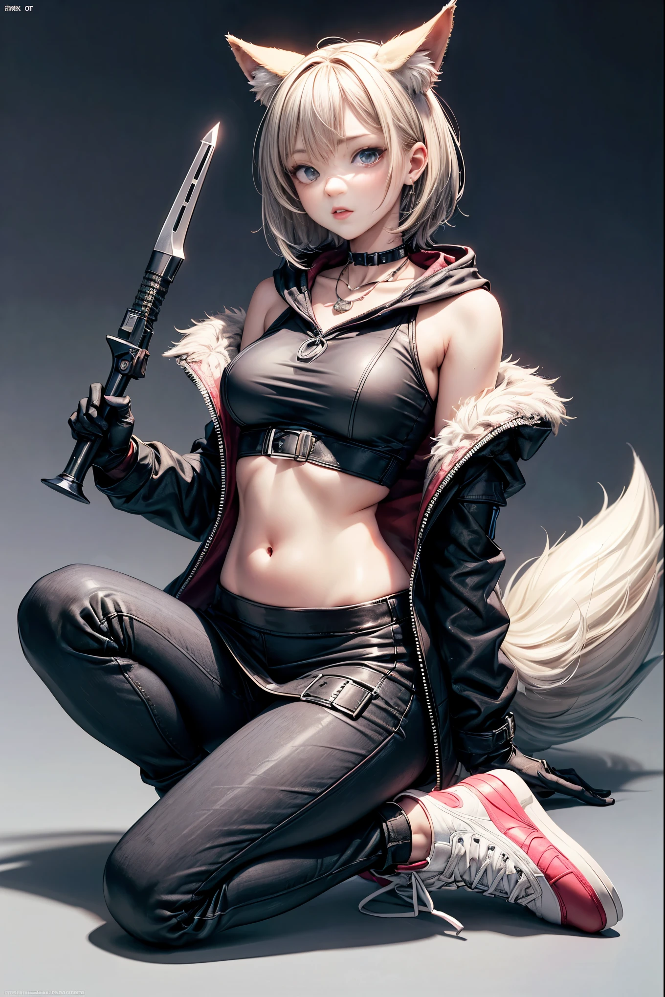 Oh, league of legend, sexy for, wallpapers, detailed eyes, fox ear, (fox tails), a skirt, (long pink fur), medium breasts, Looking at_Shown in_Looking atl espectador, short_hair, gloves, belly button, fail, blue_there are eyes, Eternal, full_body, weapon, Footwear, necklaces, negro_gloves, pulp, hooded, hair_overcome_Yoon_there are eyes, Cultivator_above, hoodie, negro_pants, sneakers, Cut_jacket, cyber punk character, Cut_hoodie