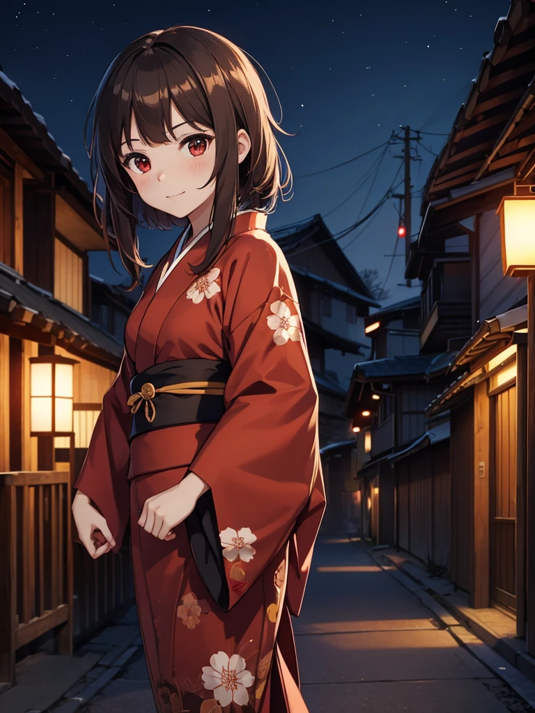 Megumin, 1girl, wearing a long Japanese kimono, at a village , dark brown hair, 8k, high detailed, high quality