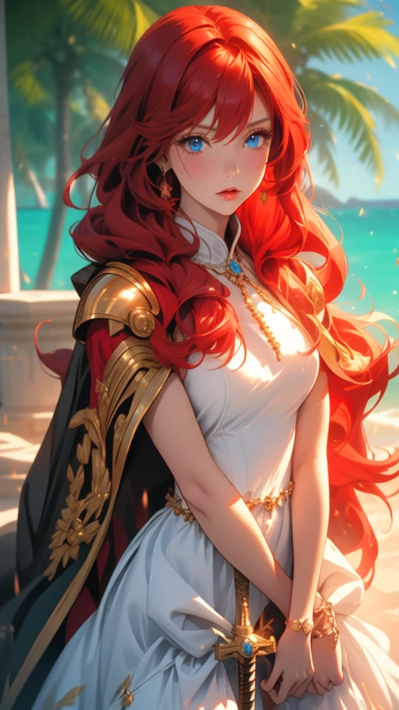 solo female knight, mansion, cape, long straight red hair, short, , , nervous, blue eyes, close up, princess, worn armor, sheathed sword