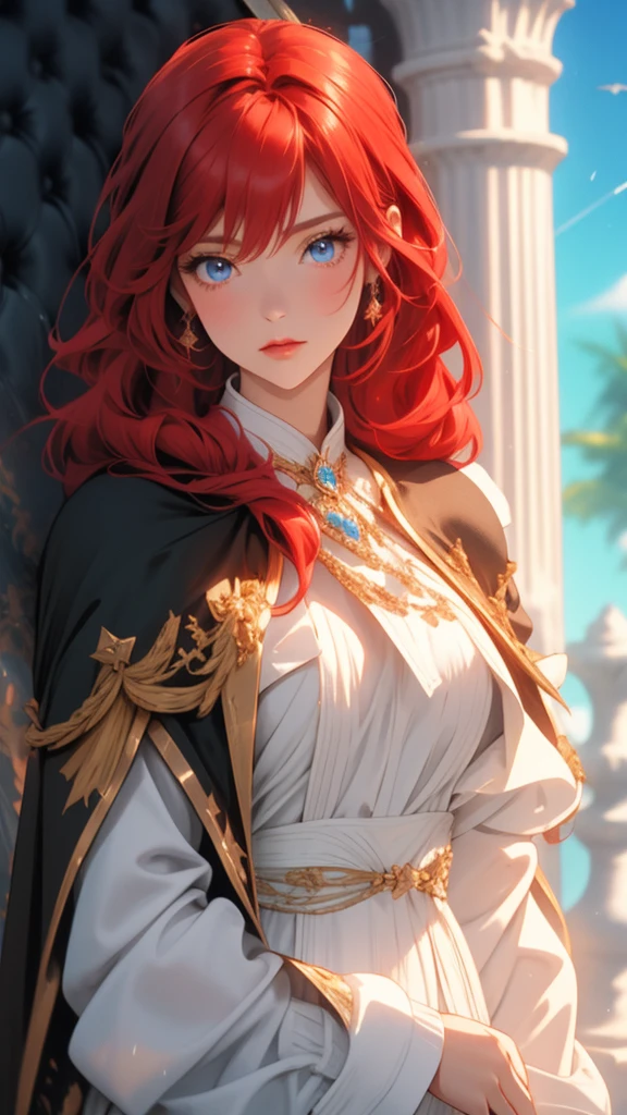 solo female knight, mansion, cape, long straight red hair, short, , , nervous, blue eyes, close up, princess, worn armor, sheathed sword