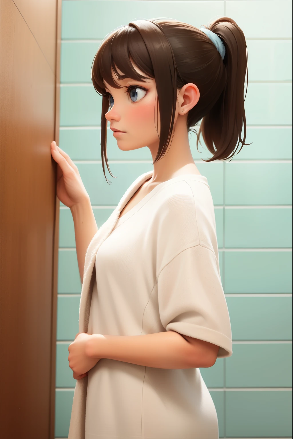 20 year old female, brown hair, blue eyes, ponytail, white towel tiend around , standing in front of a shower,