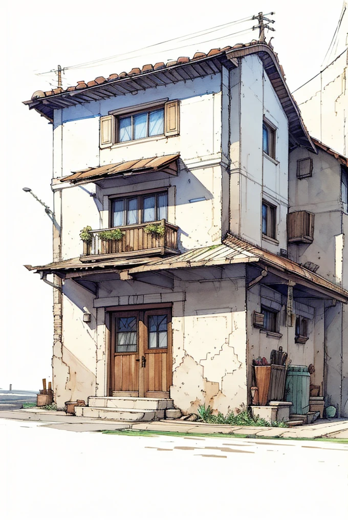 front of a small house, unfinished sketch, watercolor, pencil and ink on paper, (white background: 1.2)