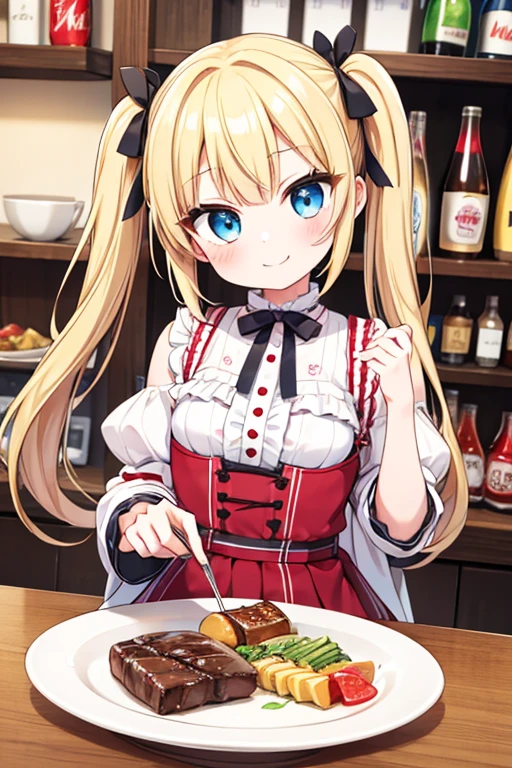 嬉しそうなsmile,Eat a multi-layered steak,big steak,Cola,Highest quality,Blonde with blue eyes、Lolita、Small breasts、Twin tails、girl&#39;enjoy,smile,bonnet,chopsticks,Japanese hashi,