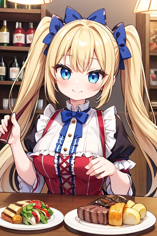 嬉しそうなsmile,Eat a multi-layered steak,big steak,Cola,Highest quality,Blonde with blue eyes、****ta、Small breasts、Twin tails、girl&#39;enjoy,smile,bonnet,chopsticks,Japanese hashi,