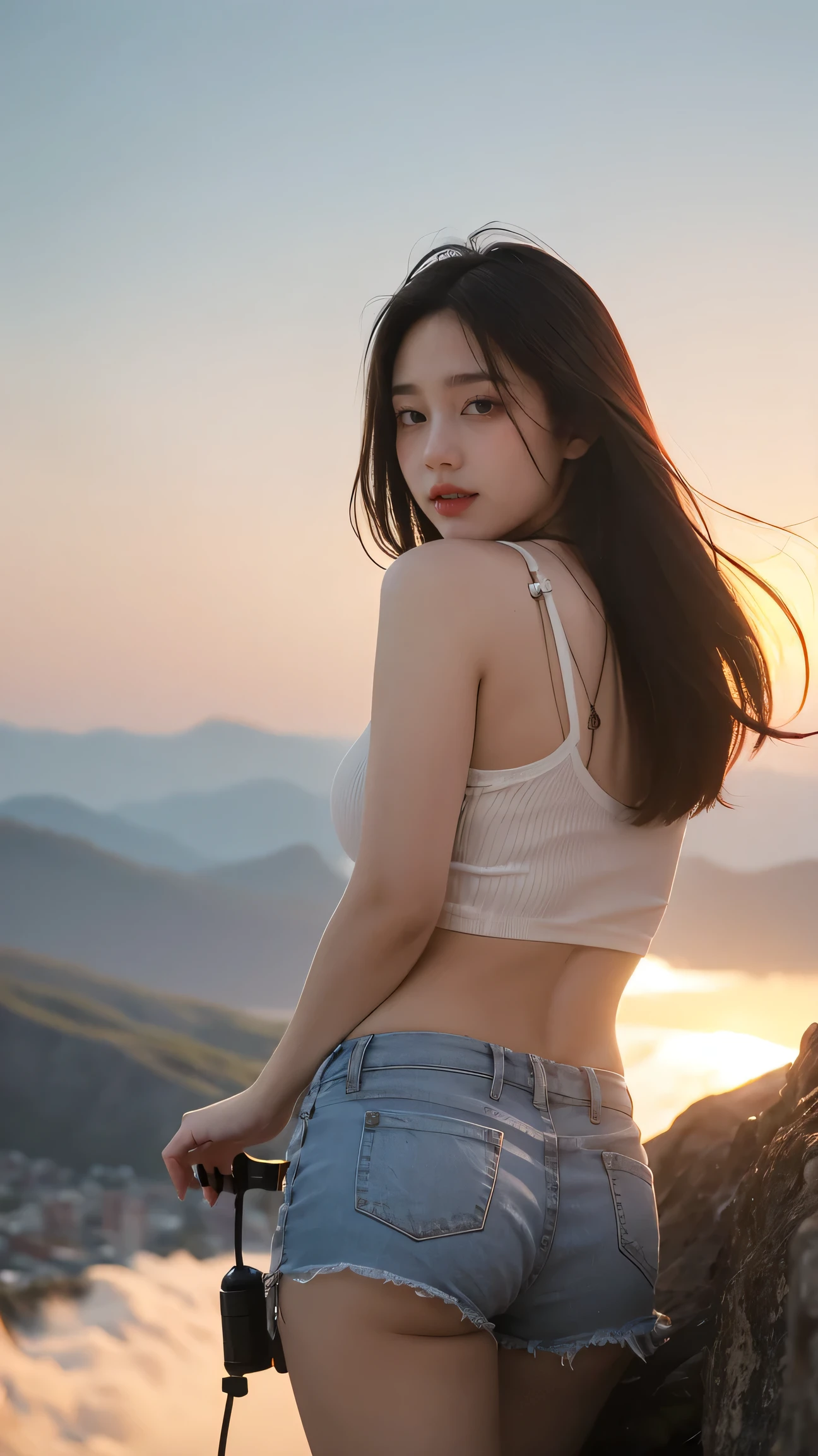 no, Ray Tracing, Radio City, Anisotropic filtration, 16,000, best quality, 1 woman, alone, mature, beautiful mountain climber, Shorts, hiking tank top, Gradient long hair, climbing equipment、laugh、sunset , big breasts、valley
