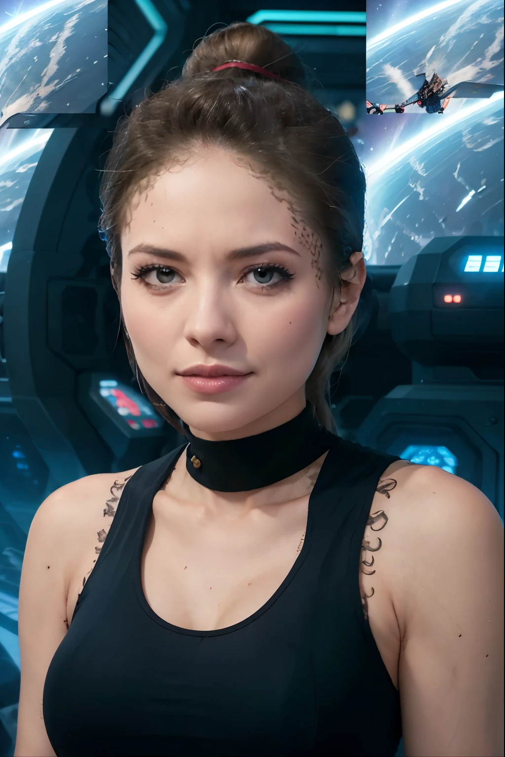 headshot of woman, trill_spots,  ponytail, tanktop,  sci-fi starship background,  