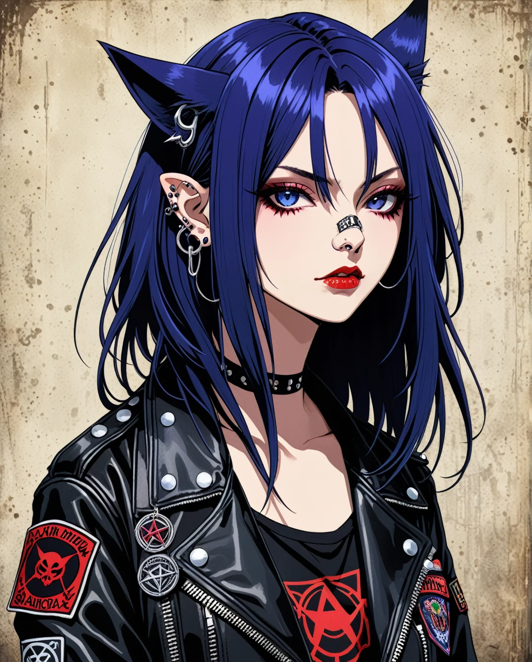 in style of Alex Howitt,in style of Santiago Caruso,
Art Style by Yoshiyuki Tomino, 1girl is a 26-year-old metalhead who works as a graphic designer and lives in an industrial city. She has long black hair, with purple and blue streaks, and has piercings in her nose and ears. Their style is dark and aggressive, with metal band t-shirts and leather jackets adorned with band patches and satanic symbols. She is known in the local metal community for her passion and dedication to heavy metal music, as well as her ability to organize events and concerts.