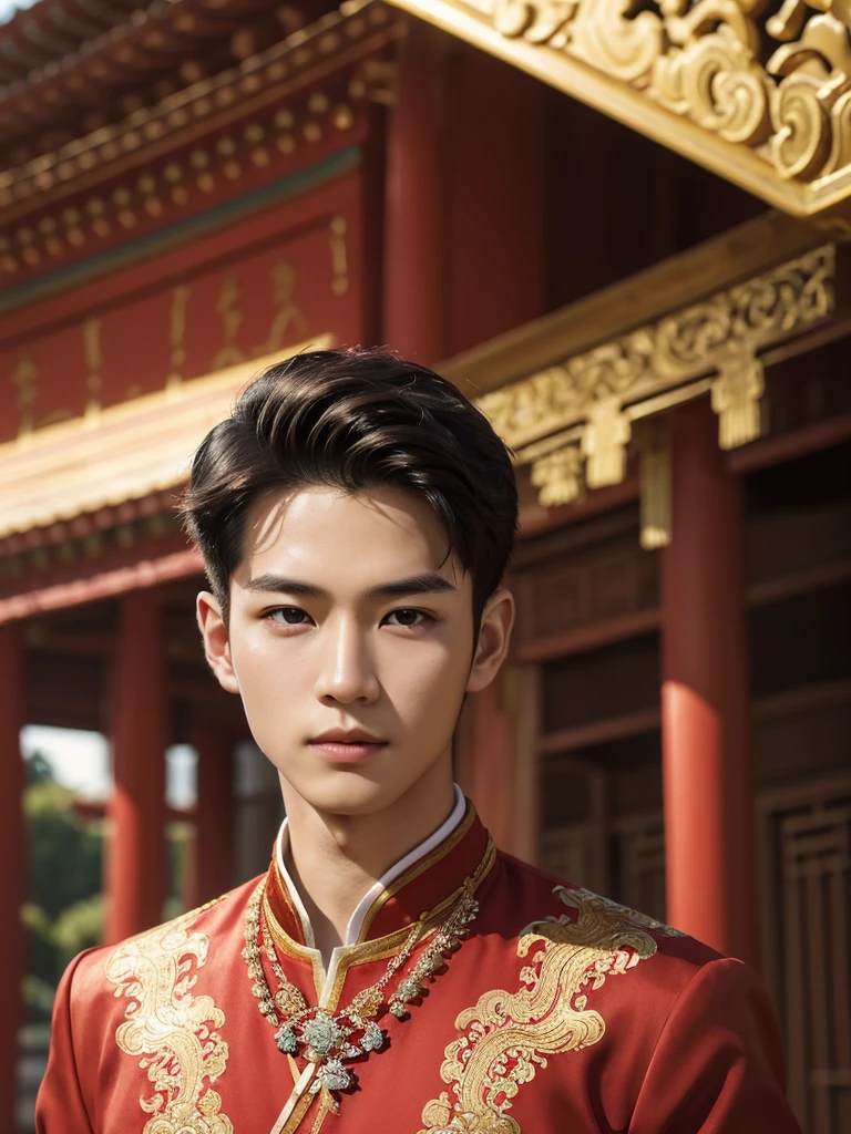 (10,masterpiece,There's nothing wrong with it..., Realistic :1.3), bestquality, portrait , Realistic, face focus, 1 Handsome chinese slim guy, 20 years old, Hair combed smoothly, red Traditional Thai costumes , ( comfortable:1.2), temple background, (breeze:1.2),(sun lighting:1.2)