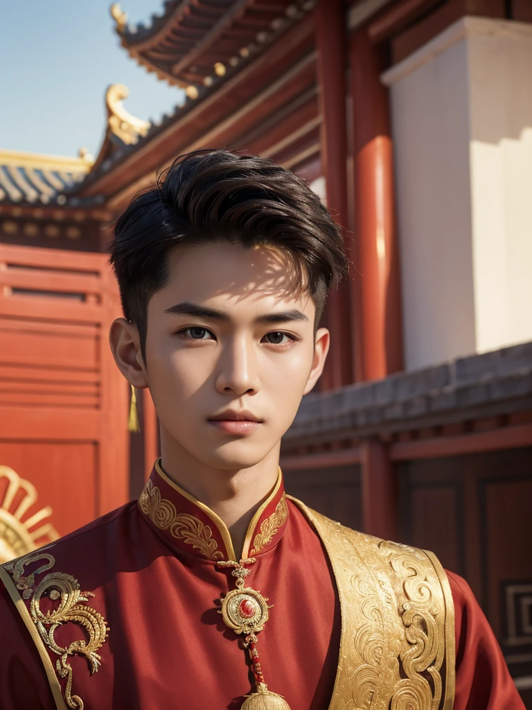 (10,masterpiece,There's nothing wrong with it..., Realistic :1.3), bestquality, portrait , Realistic, face focus, 1 Handsome chinese slim guy, 20 years old, Hair combed smoothly, red Traditional Thai costumes , ( comfortable:1.2), temple background, (breeze:1.2),(sun lighting:1.2)