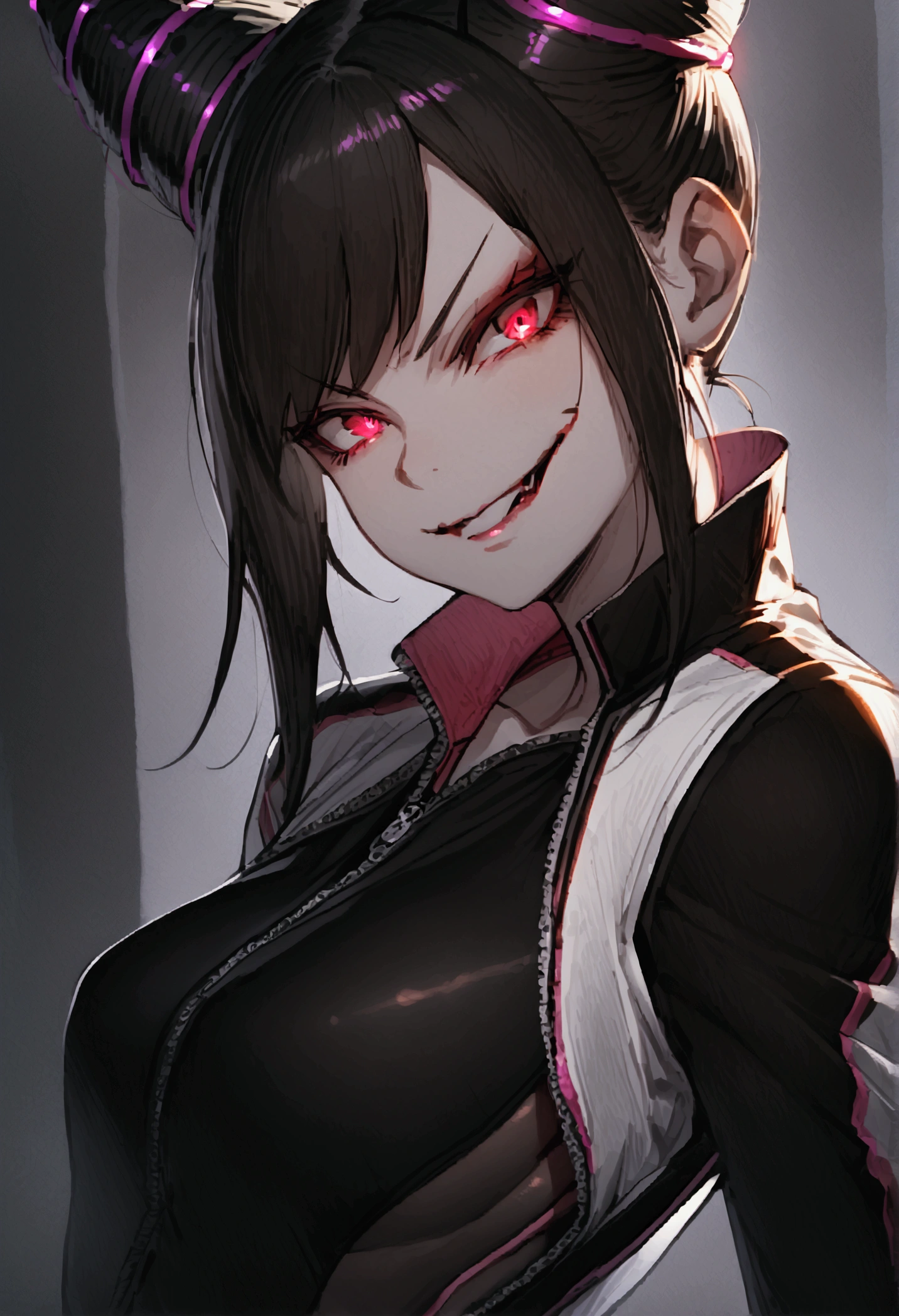 dark eye shadow,shining eyes,beautiful young fitness woman with , in a gym wearing May with black pantyhose, white and black gym jacket. standing alone,hair horns,red eyes glowing,Evil smile,legging preto ,labiaa,dark eye shadow,shining eyes,close up,hair with purple details evil smile
