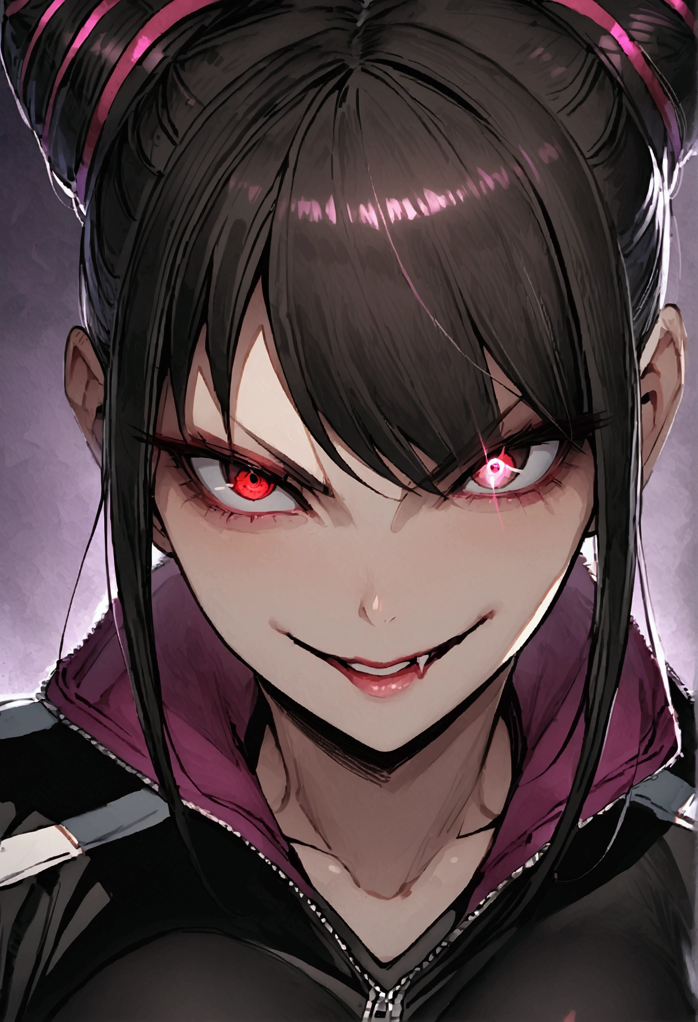 dark eye shadow,shining eyes,beautiful young fitness woman with , in a gym wearing May with black pantyhose, white and black gym jacket. standing alone,hair horns,red eyes glowing,Evil smile,legging preto ,labiaa,dark eye shadow,shining eyes,close up,hair with purple details evil smile