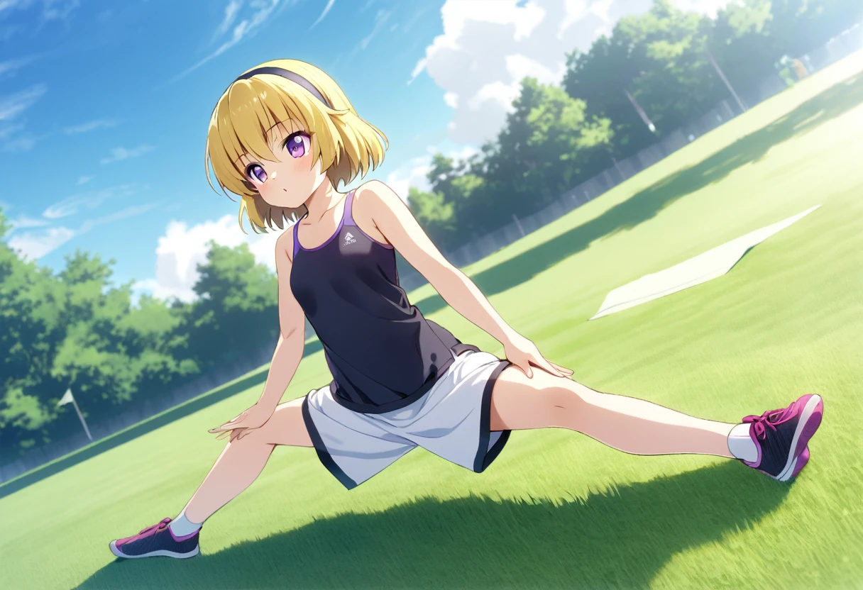 (Houjou_Satoko), (Low angle shot), yoga, blue sky、Green Grass、Sportswear、yogaマット、Natural light, woman, (Yellow Hair), Blonde, Purple Eyes, short hair, hair band, Small breasts, 11 years old, 