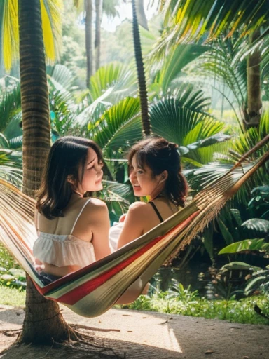 masterpiece, Highest quality, High resolution backgrounds, Bright and beautiful atmosphere, Two Girls (, 1. Short-tempered round face), 1 (hair, Surface Effects), Small breasts, Tropical trees々Hammock between、Overlooking the forest from a high hill、A hammock so high you can't reach it 、Two girls sleeping in a hammock、(topless:1.3)、A stream flows below、Fisheye Lens