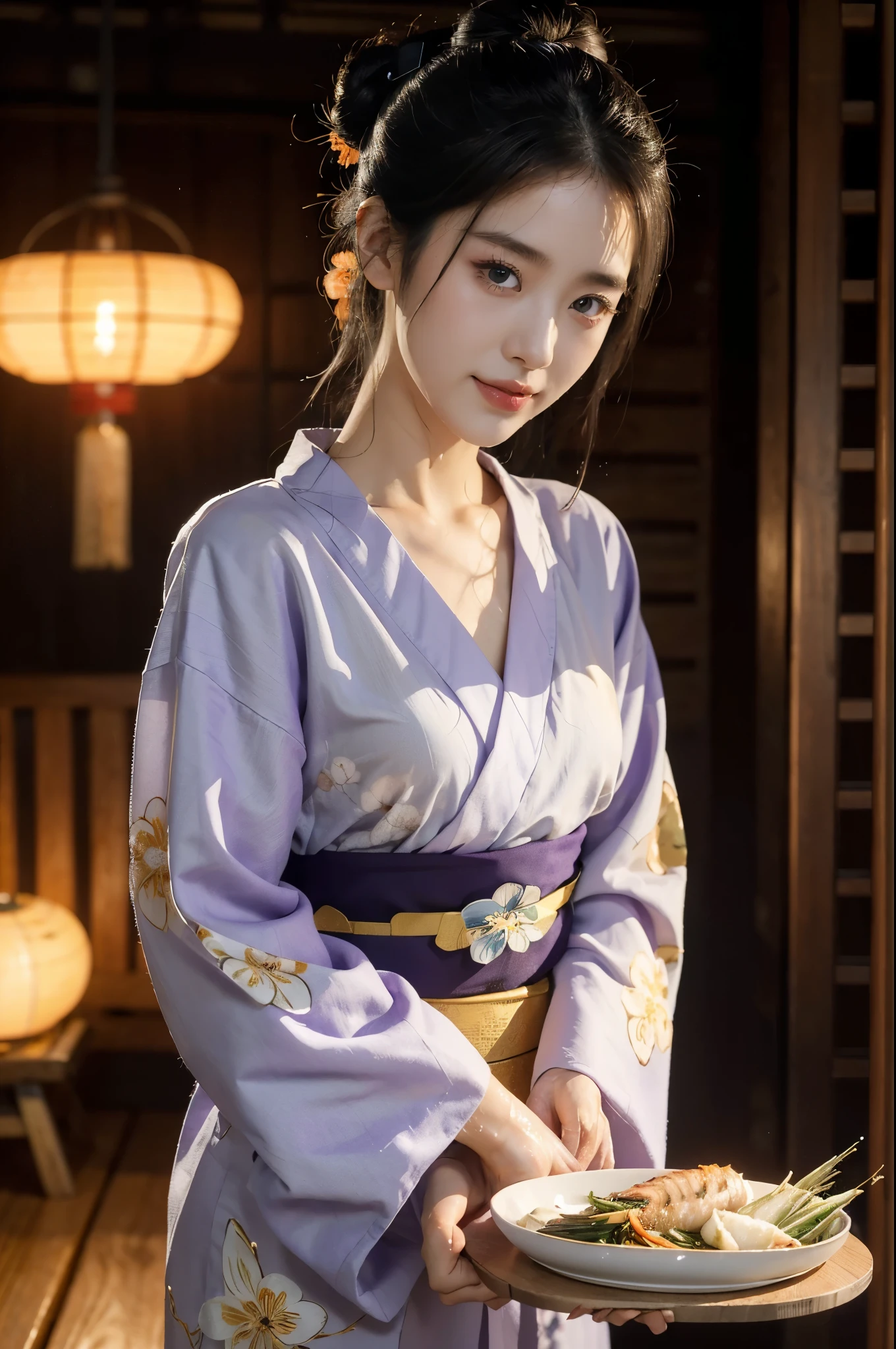 (((best quality))),(((ultra detailed))),(((masterpiece))),illustration,((1 beautiful Japannese girl,solo)),((slim,thin)),((small breasts,flat chest)),(in izakaya:1.3),(summer:1.2),(rainy:1.3),(indoor:1.2),(night scene:1.3),(wet:1.3),(purple floral yukata:1.3),neat bun,porcelain skin,rouge,dimly lit,warm glow,ethereal,(standing:1.3),(arms behind back:1.3),sake bottle,half-empty glass,tray,grilled fish,steamed vegetables,half-eaten,melancholic smile,storm,solitude,enigmatic aura,tranquility,chaos,simplicity,mysterious,captivating,((from front,upper body))