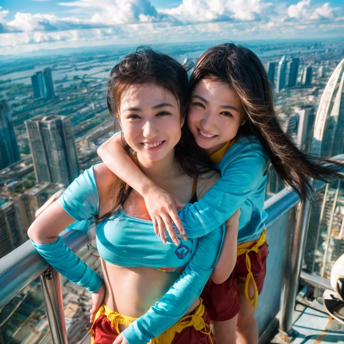 Identical twin sisters hugging each other、16 years old、,of(8k、Live Shooting、Highest quality、masterpiece:1.2)、Very detailed、Super Resolution、(Hyper Genuineity、)Very detailed、Super Resolution、(Genuine、Actual photo:1.47)、 exhilarating roofExcellent selfie of a confident womof with black hair in a long,She is beaming as she looks out over the ultra-modern city below... This high ofgle,Fisheye lens photo of her in mountaineering clothes、Highlight the spaghetti straps **** Excellent,Climbing Pofts,A glimpse of the distoft sea、This aerial photograph is complete...,