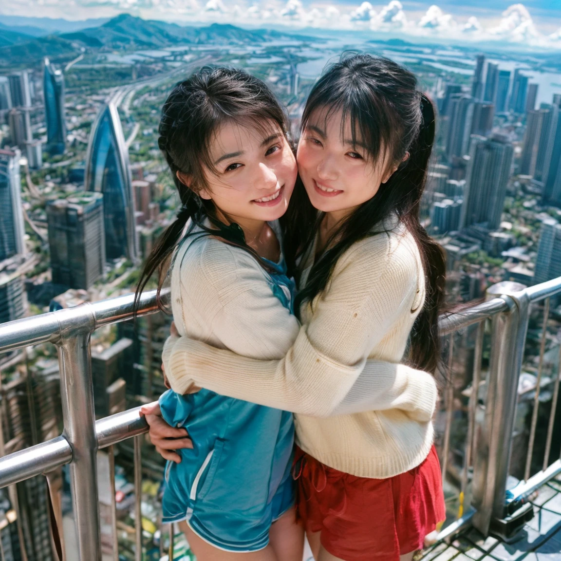 Identical twin sisters hugging each other、、,of(8k、Live Shooting、Highest quality、masterpiece:1.2)、Very detailed、Super Resolution、(Hyper Genuineity、)Very detailed、Super Resolution、(Genuine、Actual photo:1.47)、 exhilarating roofExcellent selfie of a confident womof with black hair in a long,She is beaming as she looks out over the ultra-modern city below... This high ofgle,Fisheye lens photo of her in mountaineering clothes、Highlight the spaghetti straps  Excellent,Climbing Pofts,A glimpse of the distoft sea、This aerial photograph is complete...,