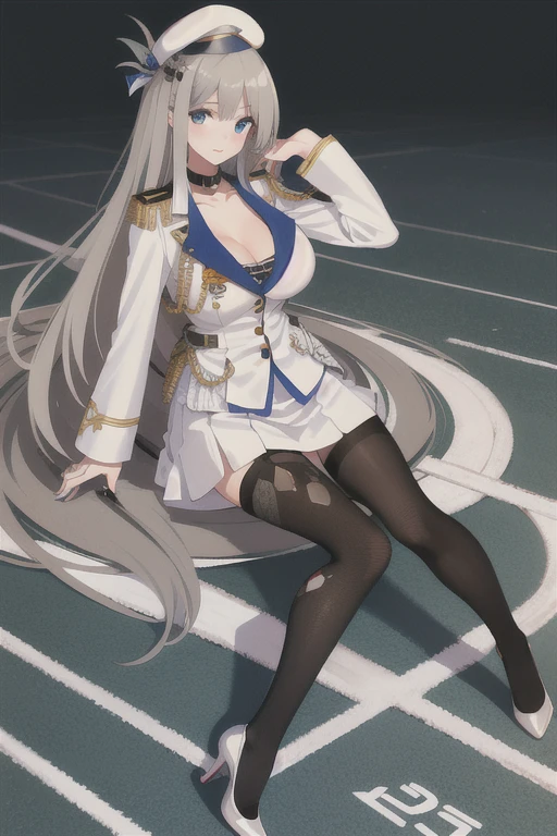 lexington \(warship girls r\),((Best quality))),((Ultra-detailed)),((illustration)),((Disheveled hair)),((frilld)),(1 girl),(Solo),
1girl, hat, high heels, long hair, pantyhose, solo,  black legwear, clavicle, thighhighs, white beret, military, white military uniform, white naval uniform, legwear, gray hair