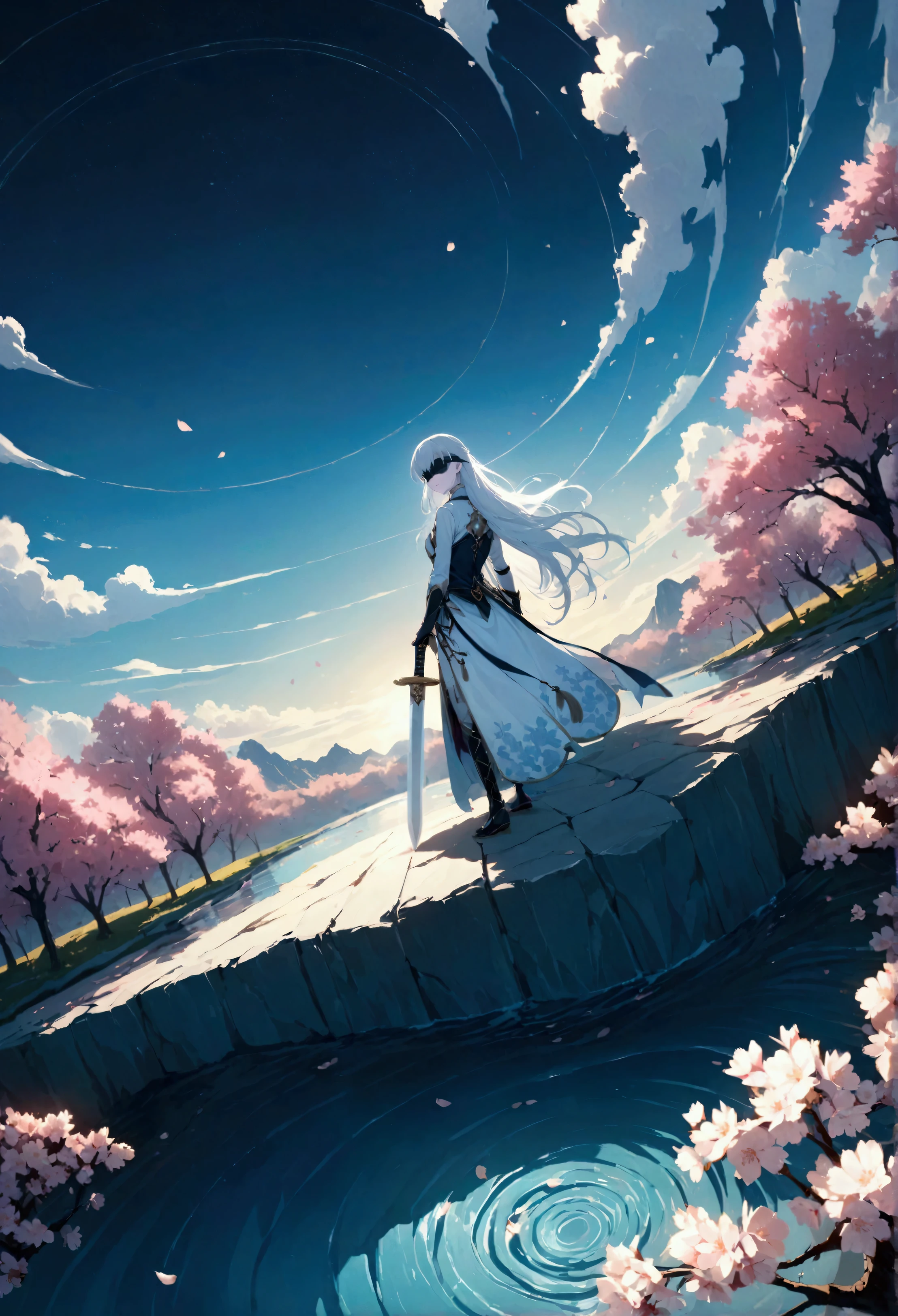 Boys\(Knight,15 years old,Chinese Clothes,White long hair,Black lace up blindfold,White clothes,Pale skin,Handsome face,Holding a white Tang sword\)Back,Many small crystal blue butterflies,Flying from the ground to the air,There is a huge Oriental white dragon facing the screen at the top of the screen.,Bare fangs and claws,Surrounded by white clouds,vivid,The picture is exquisite,Surrounded by white clouds,White clouds reflected in the water,There are cherry blossoms on both sides of the picture,Cherry blossom petals gradually fall,Cherry blossom petals sprinkled on the water, creating ripples,quality\(8K,Extremely detailed CG unit wallpaper, masterpiece,high resolution,top-quality,top-quality real texture skin,Surrealism,提high resolution,RAW photos,Best quality,Very detailed,wallpaper,light,Ray Tracing,Golden Ratio\),(Long Shot),Wide-angle lens,landscape,