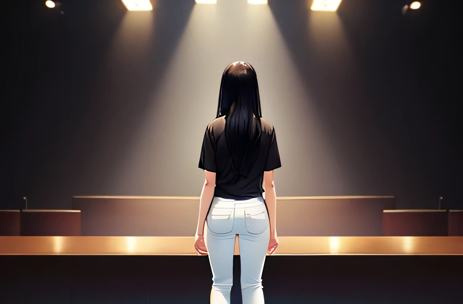 High resolution,high quality,One Woman,Long black hair,Back view,The whole body is shown,Feet are also in the picture.,Are standing,Not looking at the audience,White T-shirt,Black trousers,