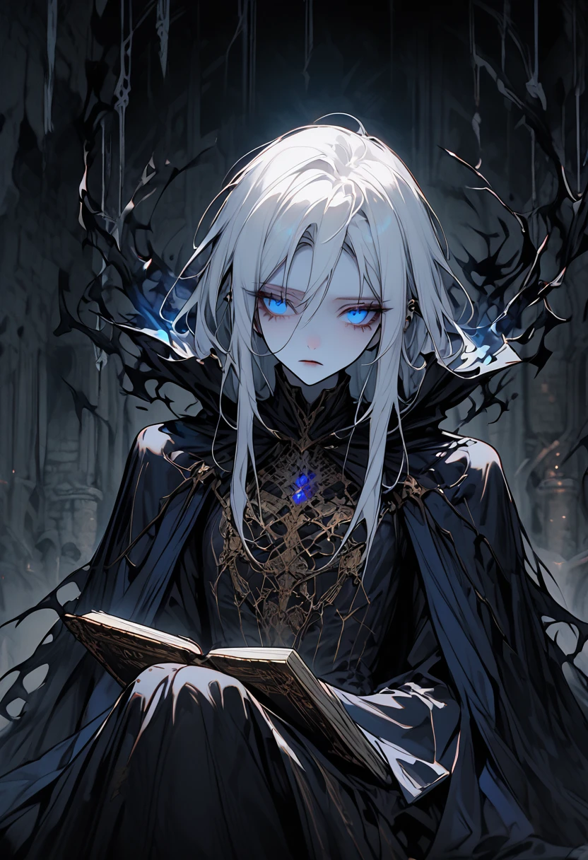 solo, female, piercing and faintly glowing blue eyes, long messy white hair, very pale skin:1.3, flat chest, slim, bored, tattered regal gown, black aura:.4, lich, magic, cape over shoulders, partially skeletonized, gold filigree black nails, book, dungeon, dark, close up, holding ancient book on lap, sitting, calm,
