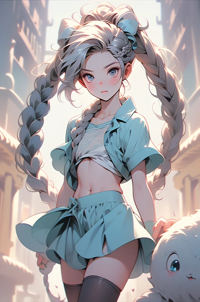  ((best quality)), ((masterpiece)), (detailed), 1 Girl, off-shoulder Loose sweater,Clothes are too big, Exposing the body,(Small chest),(Big forehead:1.2),(Beautiful big eyes:1.3),extremely detailed cute anime face, (((flat chest))),((((long double braids,tight braids,Long braids,Braided Hair,Long scissors,Colored undercoat)))),Complex eyes,beautiful detailed eyes,Symmetrical eyes,((((Glowing skin:1.5,Bright skin: 1.5,Glowing skin,very Glowing skin,Shiny body,Reflective Skin)))),(((detailed face))),beautiful detailed lips,(National Science Foundation)), ((Low-cut, Scenery under the skirt)),(Loose, Baggy clothes, Scenery under the skirt, Low-cut), Dynamic poses,Looking at the audience, (((Awkward))),(Frightened expression),high resolution,(best quality),(ultra detailed,extremely detailed),Perfect face details, ((masterpiece:1.4, best quality))+, (ultra detailed)+, Long twin tails, (White stockings), Cute girl,Blue clothes, (flat chest:1.3), National Science Foundation, Small Breasts, Protruding collarbone, Skinny arms, Flat belly, Visible hip bone, Long hair, Red hair, White hair, Blonde Hair, Black Hair, Ponytail, thick Ponytail, heavy Ponytail, Small Breasts, National Foundation 