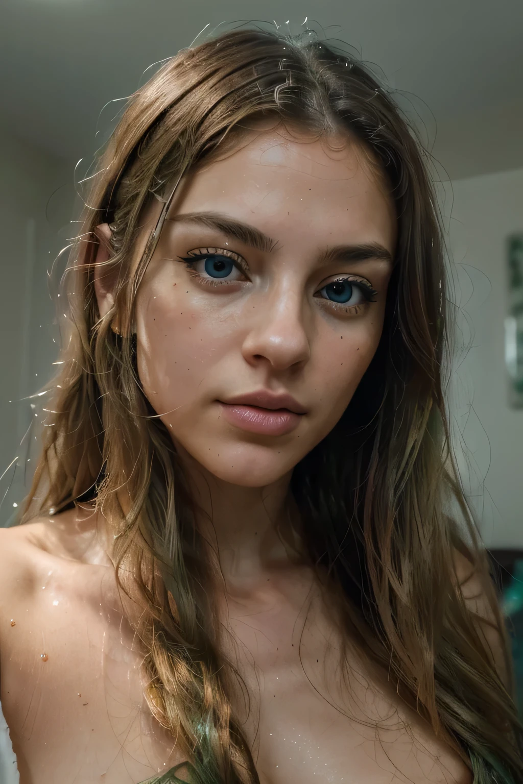 ((4k FOCUS FULL HD:1.4))(closed lips:1.2)(Focus on the face) natural realistic face of a 20-year-old Italian girl, ((highly detailed woman's face)) with long blond hair styled in loose waves, and (beautiful detailed blue-green eyes:1.2)(closed mouth:1.2). She has a small, delicate nose and fine lips, with some subtle facial imperfections that add realism. Ultra detailed, beautiful girl, real human wet skin, striking features, beautiful, intricate details, tension, contrast, (high texture:1.2)(realism:1.2), high-quality rendering. Stunning art, high quality, detailed skin, vibrant details, hyper-realistic.
((Photo Focus, DOF, Aperture, insanely detailed and intricate, character, hypermaximalist)). She is taking a selfie in her bedroom