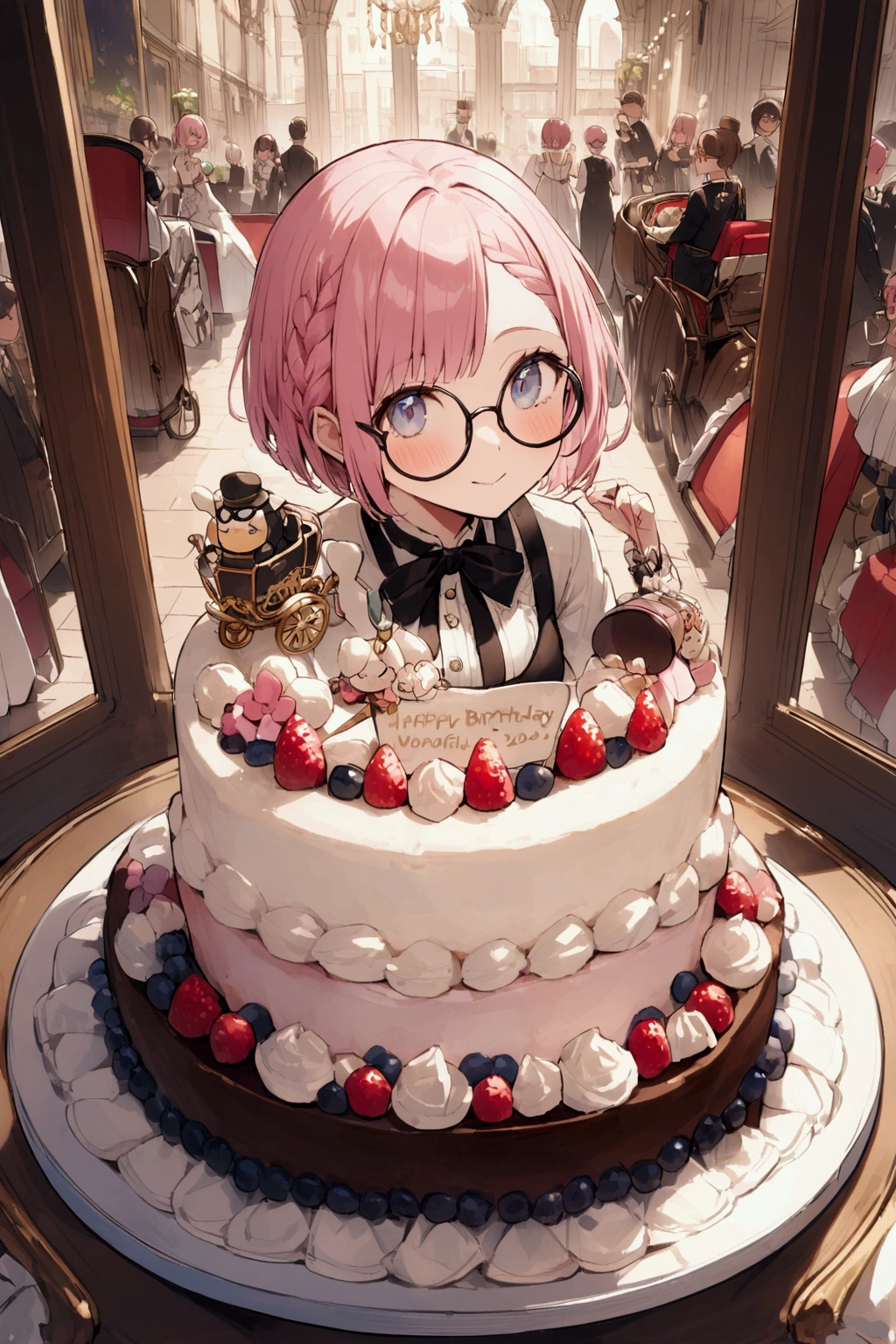 carriage、(Pink Hair、Round Glasses、Short Bob,birthday whole cake