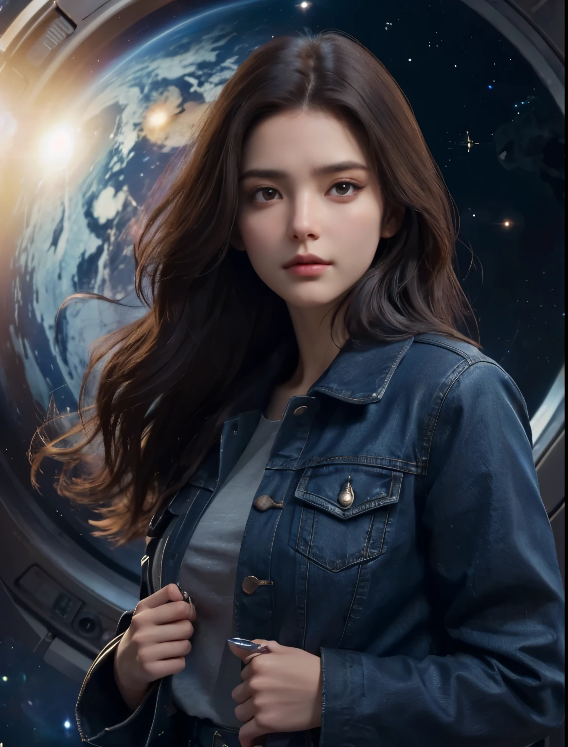 beautiful woman. dark brown hair. She is looking at the camera with a serious expression. She is wearing jeans and a jacket. Image of outer space with clock in space behind woman.