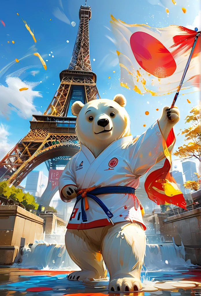 Splash Art, Cool white bear（Game Characters、Big eyes、Polar bear wearing judo uniform、Both hands raised、A gold medal is at stake、Eiffel Tower in the background、Olympic Games、背景にJapanese flag）, wonderfulインスタグラム, Art Station, Colorful paint splash style+, Very detailed、Exquisitely crafted down to the last detail, Engine Unreal, wonderful, Details Complexity, Splash screen, Complementary Color, Realistic concept art, 8k resolution, deviantart masterpiece, Oil, Thick brushwork, Paint drips, Splash Art，Paris，Japanese flag
