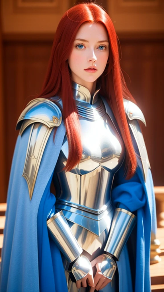 solo female knight, mansion, cape, long straight red hair, short, , , nervous, blue eyes, close up, princess, worn armor, sheathed sword